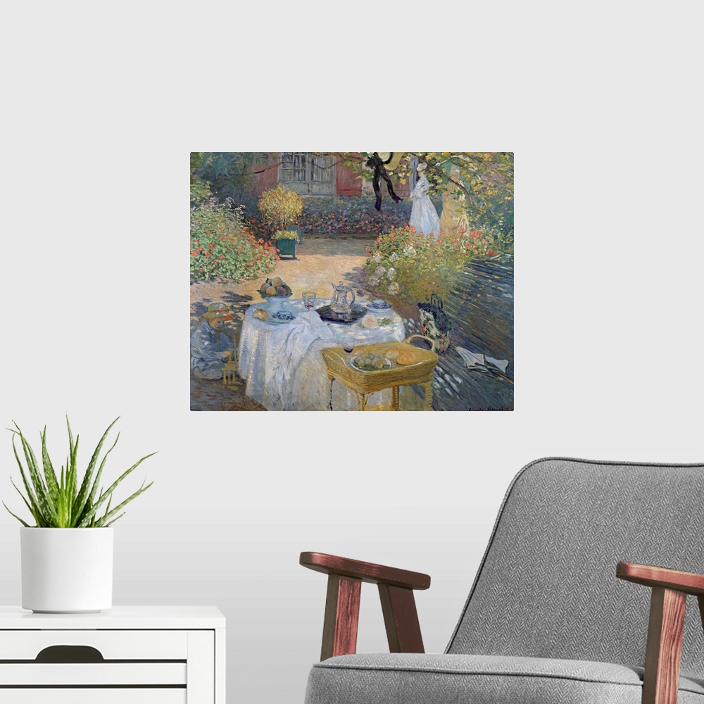A modern room featuring Big classic art showcases a couple of women and a child enjoying an afternoon snack within a cour...