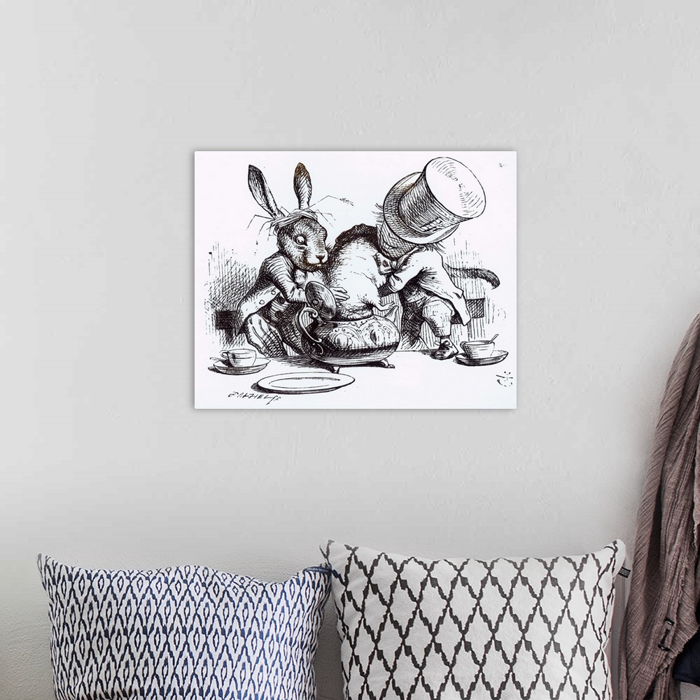 A bohemian room featuring The Mad Hatter and the March Hare putting the Dormouse in the Teapot, illustration from 'Alice's ...