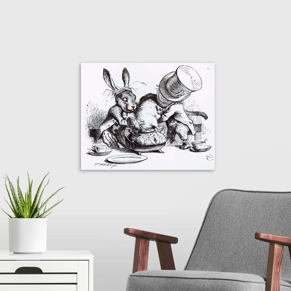 A modern room featuring The Mad Hatter and the March Hare putting the Dormouse in the Teapot, illustration from 'Alice's ...