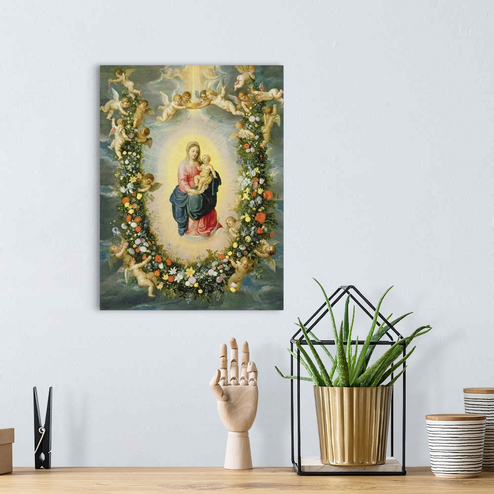 A bohemian room featuring The Madonna and Child in a Floral Garland