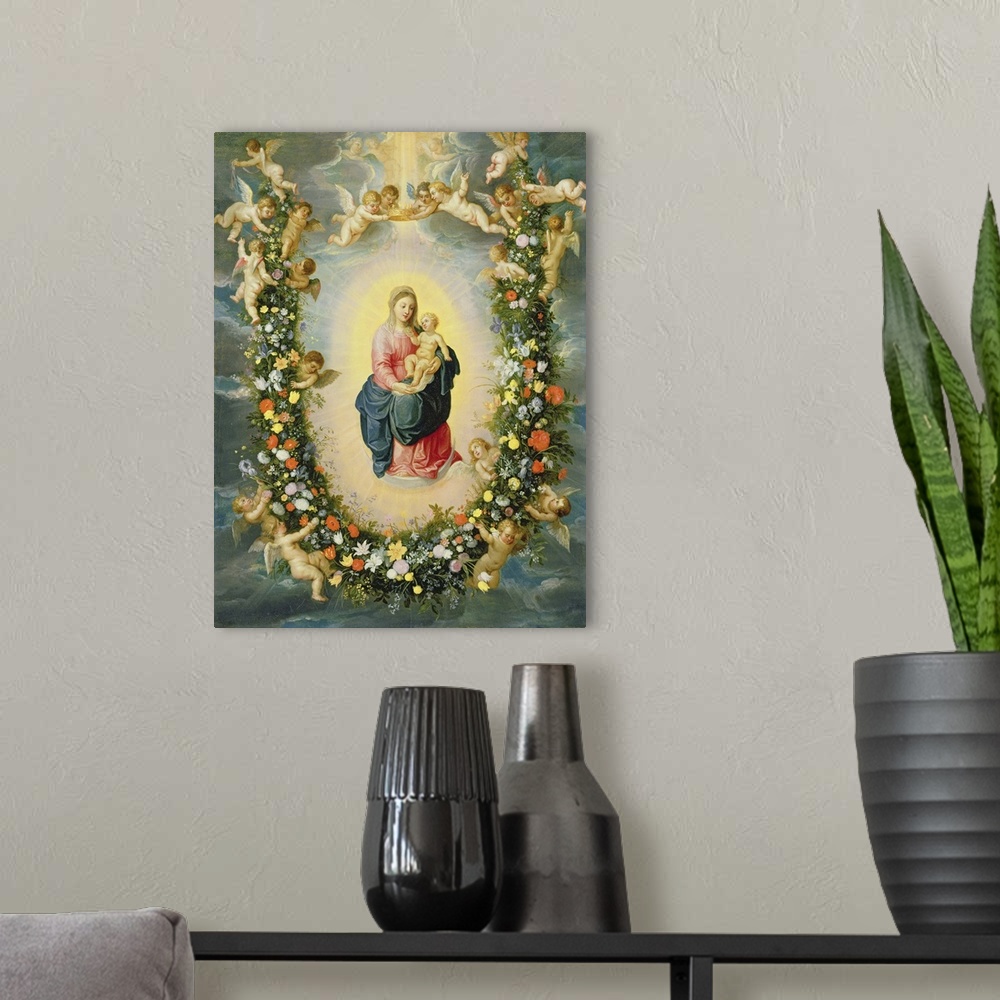 A modern room featuring The Madonna and Child in a Floral Garland