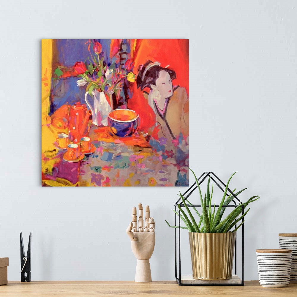 A bohemian room featuring A geisha sits on a table with dishes and a vase of flowers in front of her. Painting is full of v...