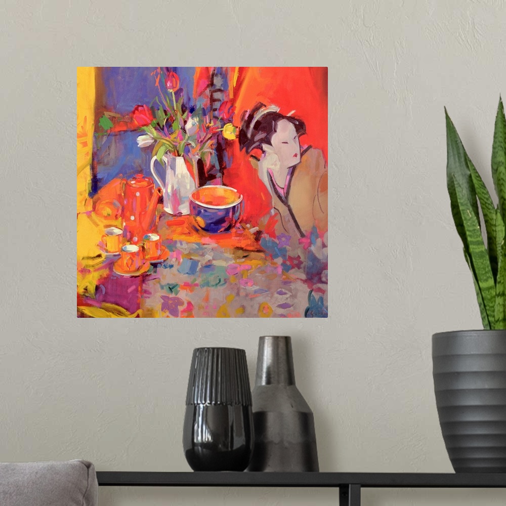 A modern room featuring A geisha sits on a table with dishes and a vase of flowers in front of her. Painting is full of v...