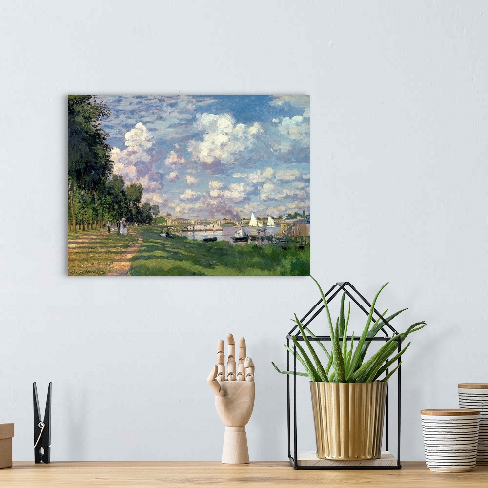 A bohemian room featuring This wall art is a landscape painting of a river scene by an Impressionist master showing a road ...