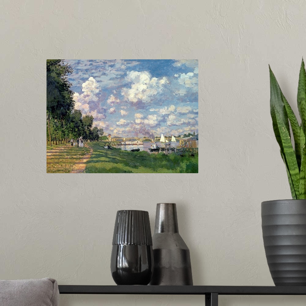 A modern room featuring This wall art is a landscape painting of a river scene by an Impressionist master showing a road ...