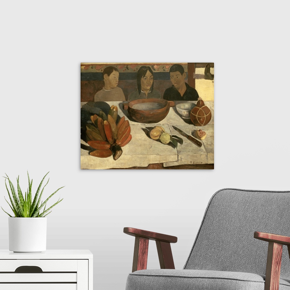 A modern room featuring XIR29632 The Meal (The Bananas), 1891 (oil on canvas); by Gauguin, Paul (1848-1903); 73x92 cm; Mu...
