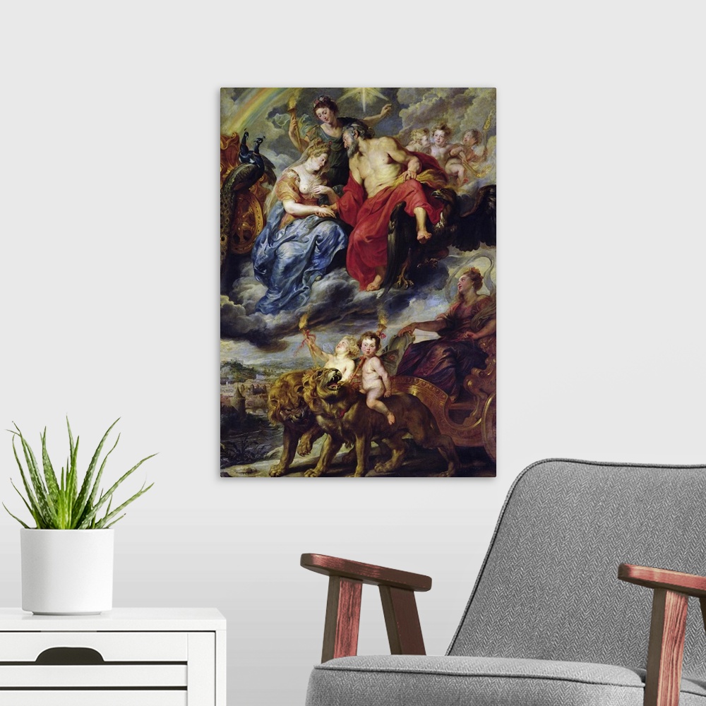 A modern room featuring XIR213389 The Medici Cycle: Meeting of Henri IV (1553-1610) and Marie de Medici (1573-1642) at Ly...
