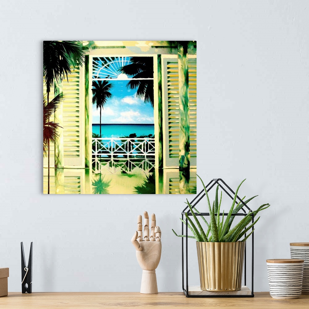 A bohemian room featuring Contemporary painting looking out through a window to a tropical sea.