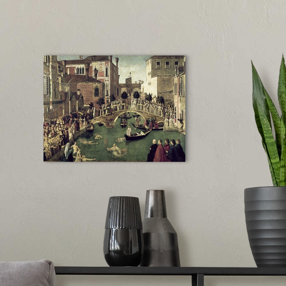 A modern room featuring XIR58302 The Miracle of the Cross on San Lorenzo Bridge, 1500 (oil on canvas) (for detail see 611...