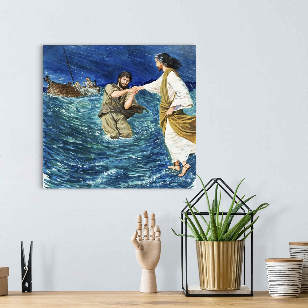 A bohemian room featuring The Miracles of Jesus: Walking on the Water.  Original artwork for illustration on p9 of Treasure...