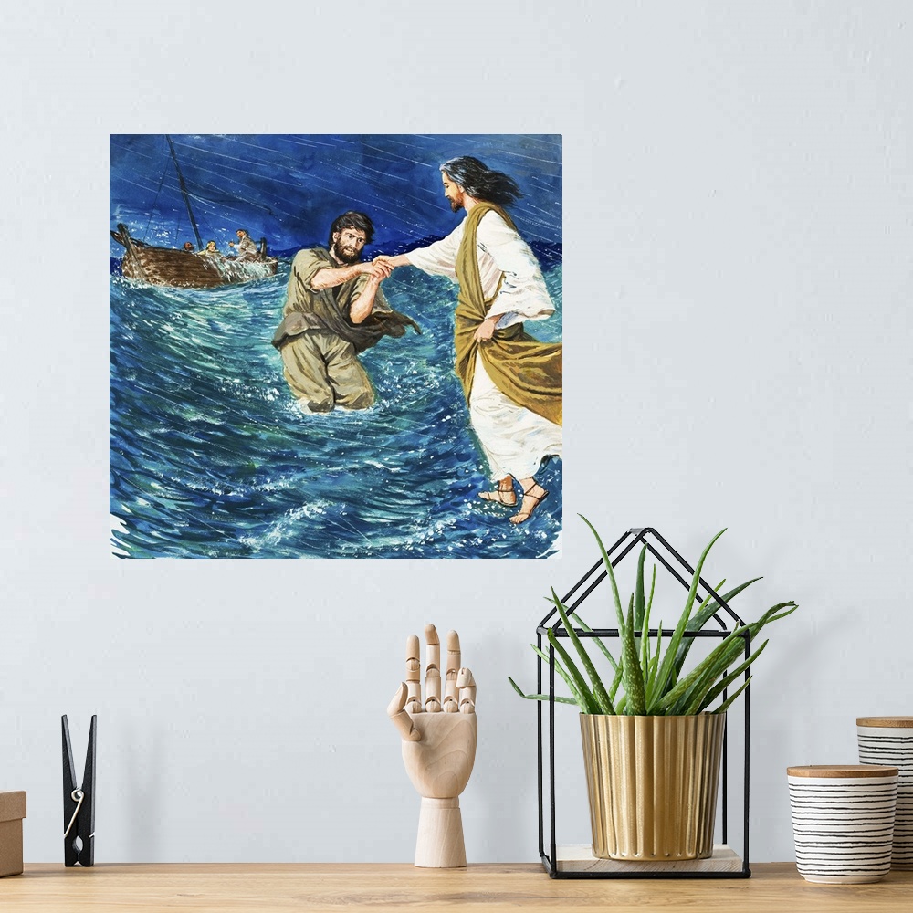 A bohemian room featuring The Miracles of Jesus: Walking on the Water.  Original artwork for illustration on p9 of Treasure...