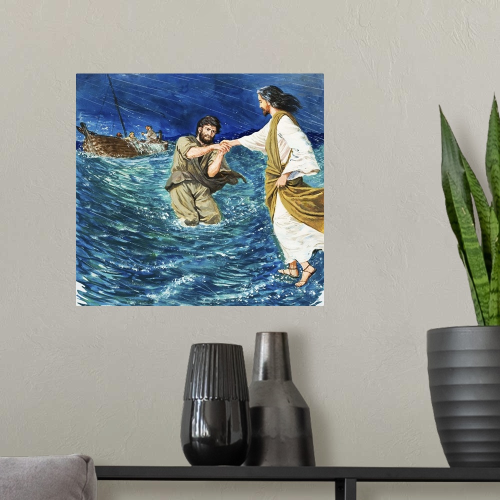 A modern room featuring The Miracles of Jesus: Walking on the Water.  Original artwork for illustration on p9 of Treasure...