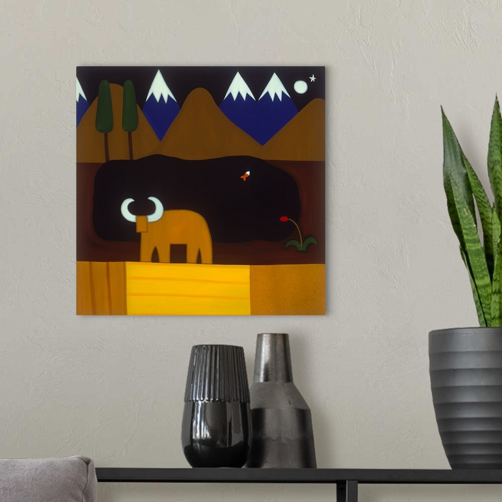 A modern room featuring Contemporary painting of a bull in the evening near the Andes Mountains.