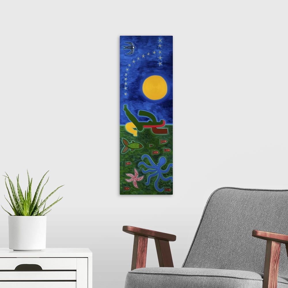 A modern room featuring Contemporary painting of a cross section of a water scene with a person swimming under the moonli...