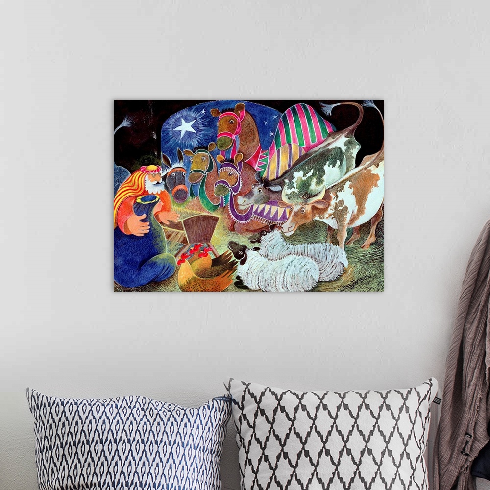 A bohemian room featuring Contemporary painting of the Nativity scene, celebrating the birth of Christ.