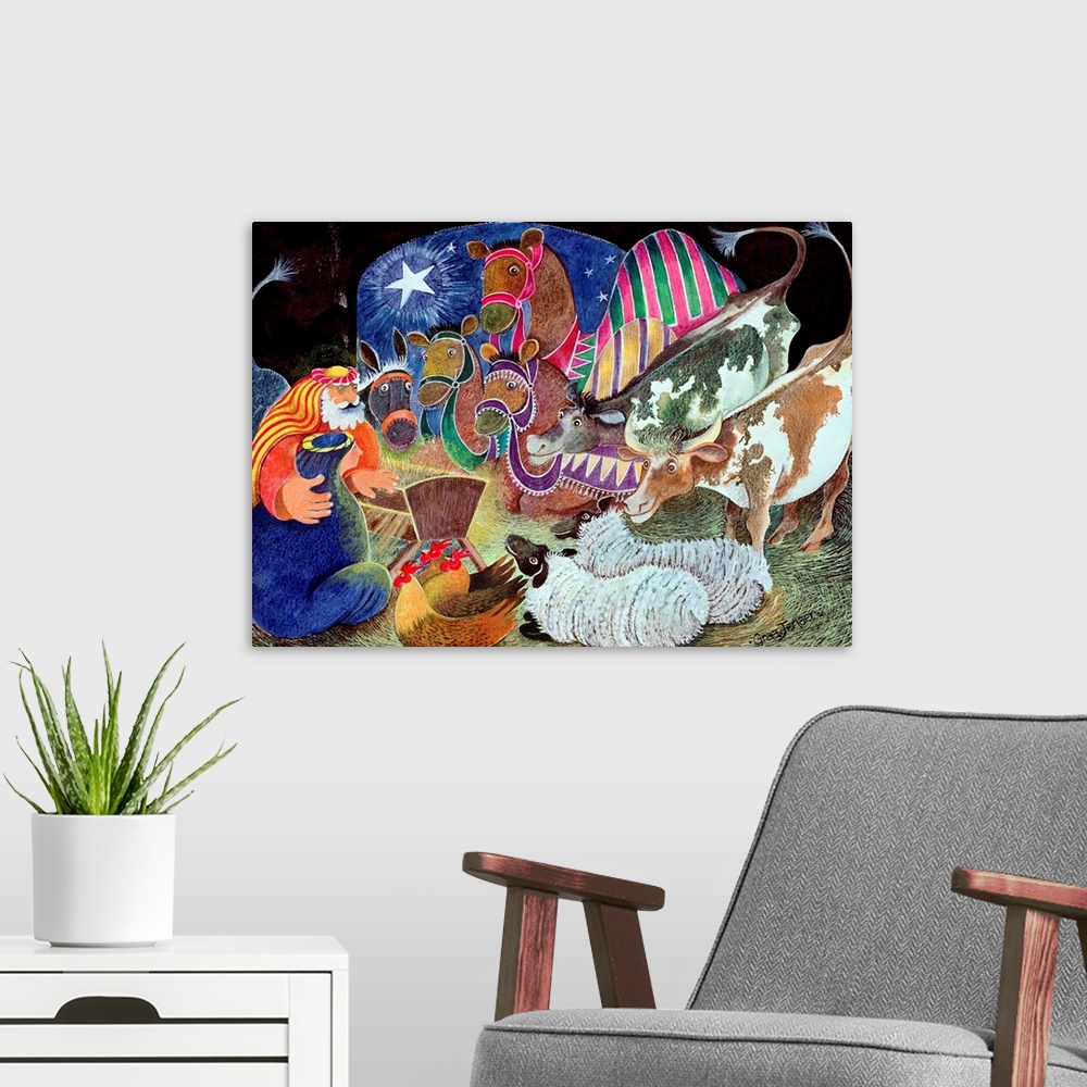 A modern room featuring Contemporary painting of the Nativity scene, celebrating the birth of Christ.