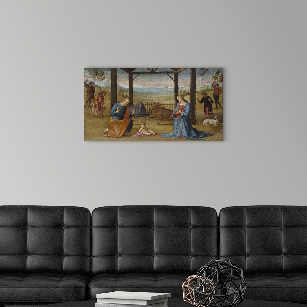 A modern room featuring The Nativity, 1500-05, tempera on panel, transferred to canvas.