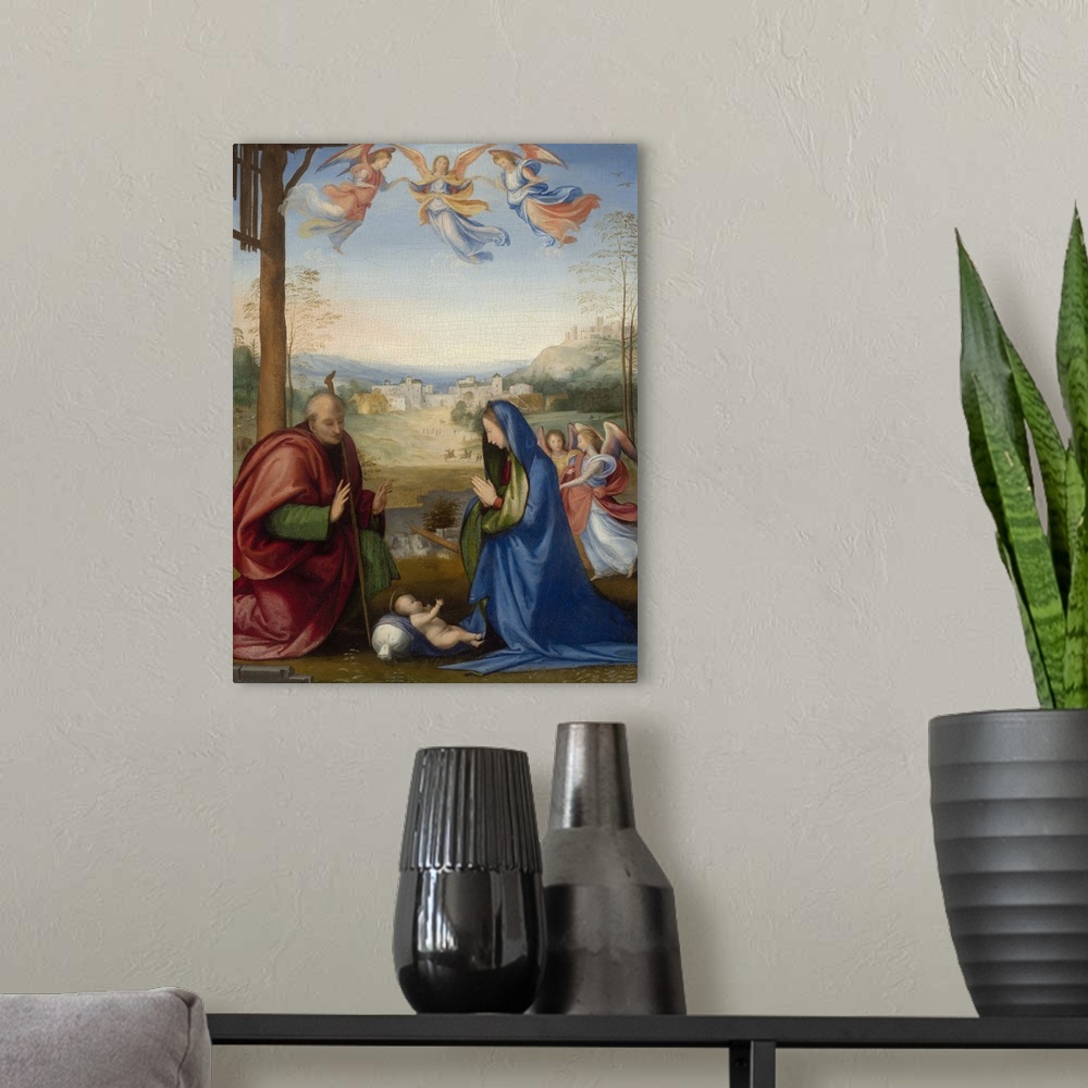 A modern room featuring The Nativity, 1504-07, oil on panel.