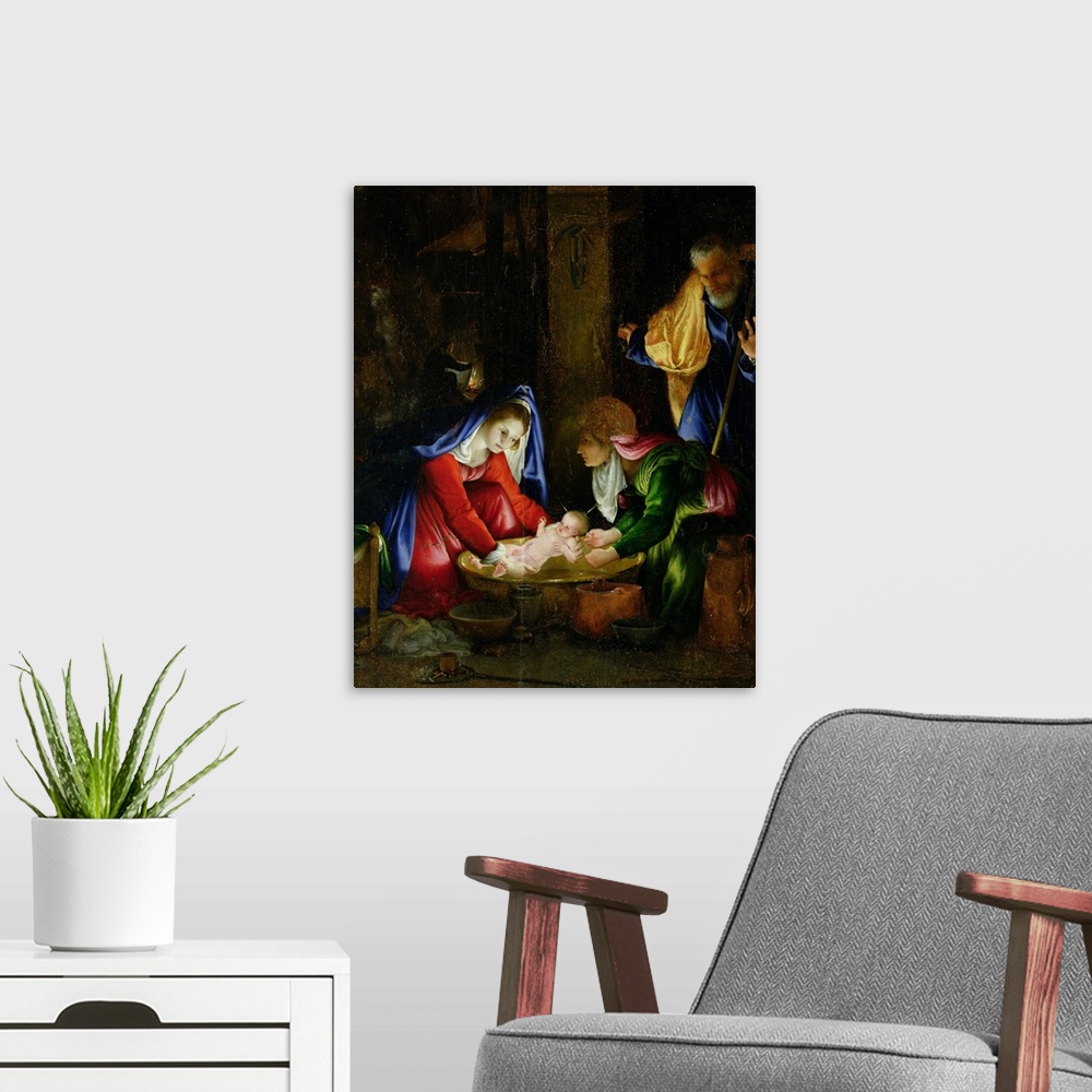 A modern room featuring depicts the story of Mary Salome, one of the midwives, who denied the virginity of Mary and her a...