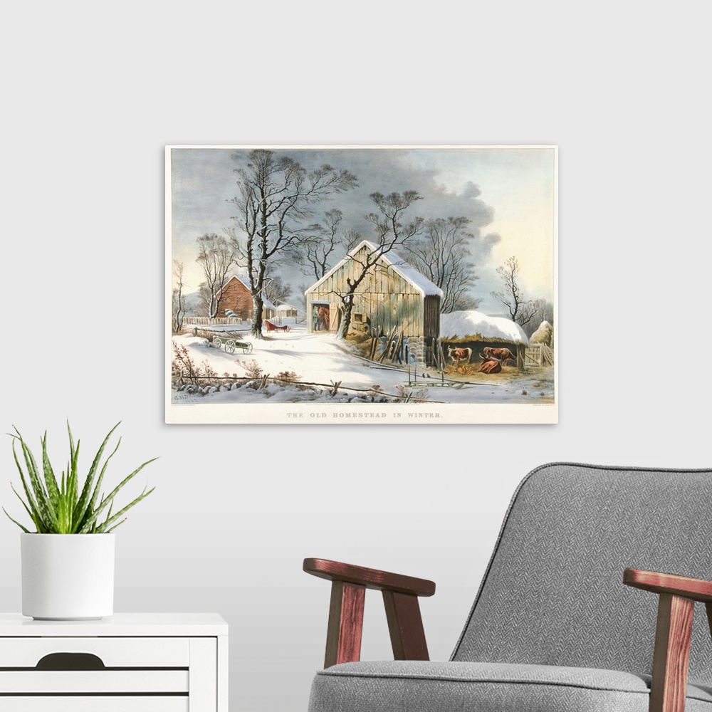 A modern room featuring The Old Homestead in Winter, 1864 (originally colour lithograph) by Currier, N. (1813-88) and Ive...