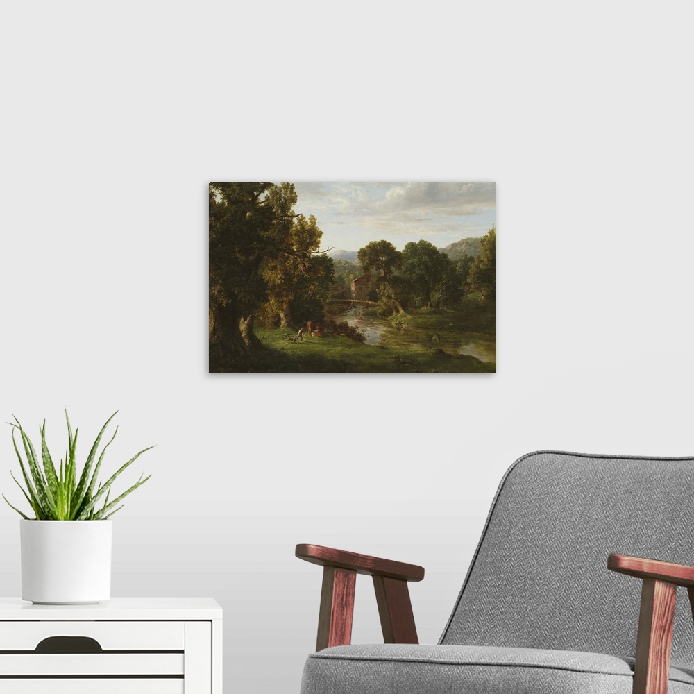 A modern room featuring The Old Mill, 1849, oil on canvas.