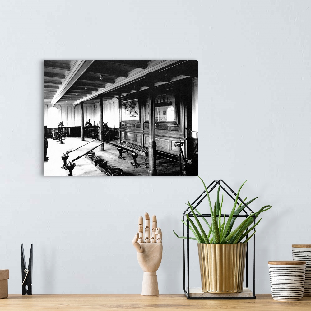 A bohemian room featuring Landscape, vintage photograph from 1912 of the exercise room on the Titanic, including a rowing m...