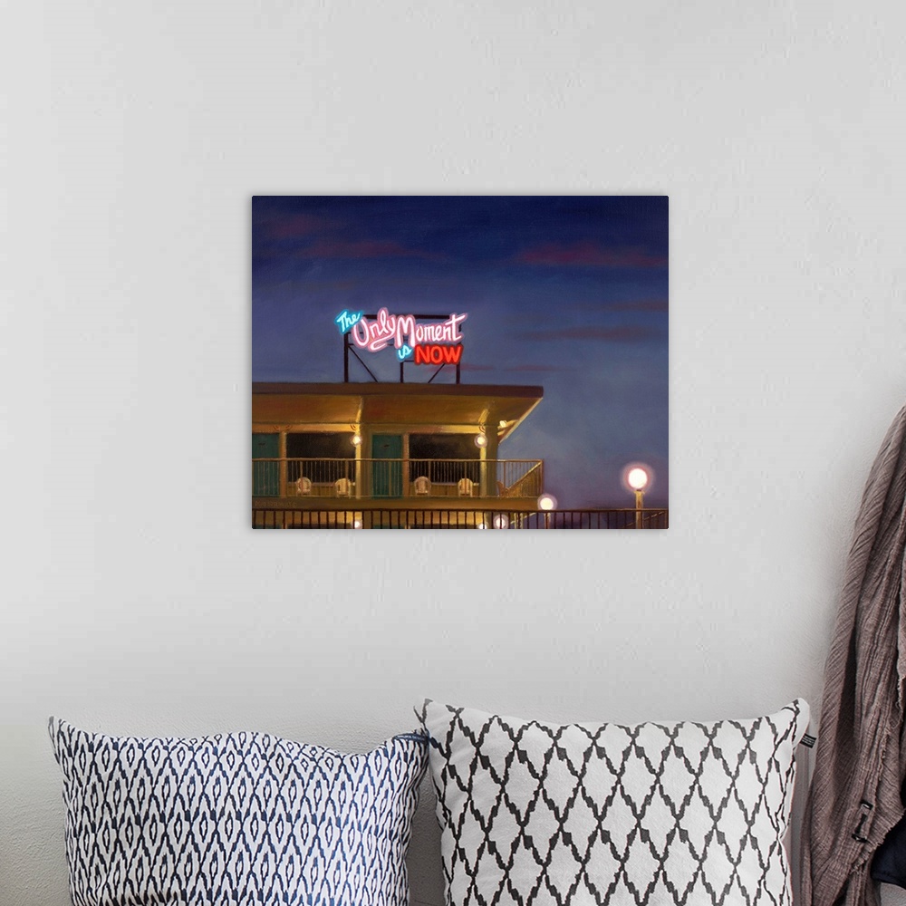 A bohemian room featuring Contemporary painting of a lit up neon billboard over a motel.