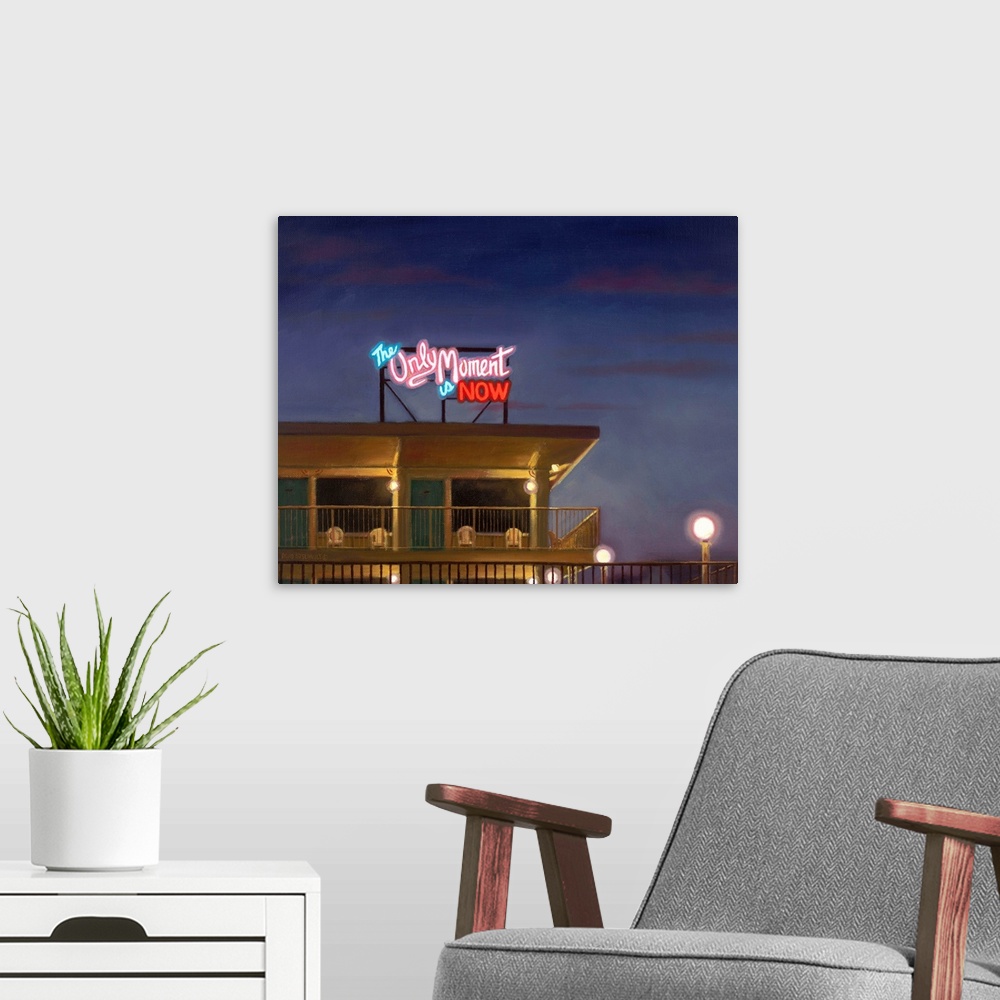 A modern room featuring Contemporary painting of a lit up neon billboard over a motel.