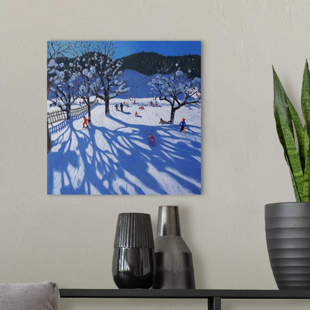 A modern room featuring The Orchard in Winter, Morzine, oil on canvas.  By Andrew Macara.