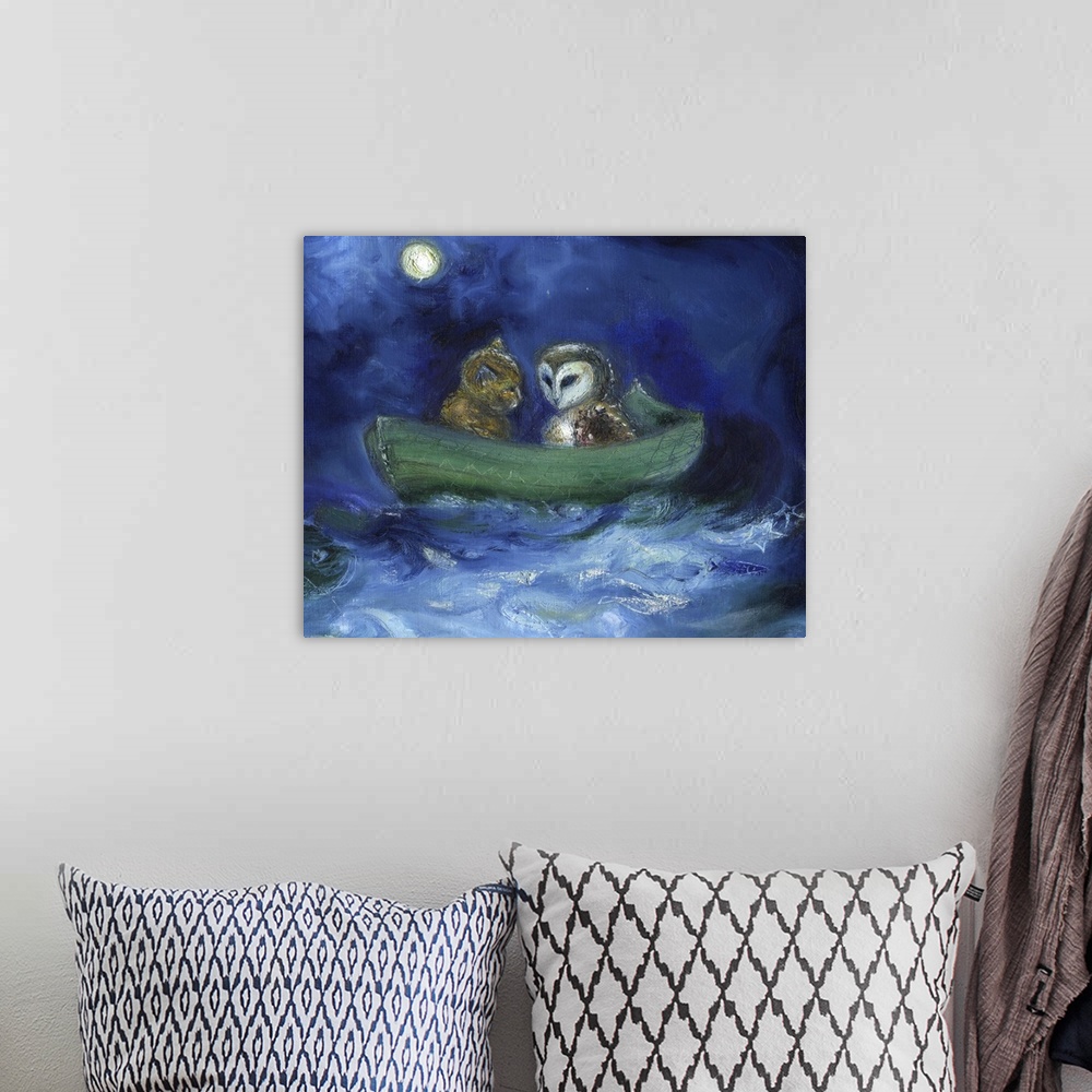 A bohemian room featuring Contemporary painting of an owl and a cat in a green row boat together.