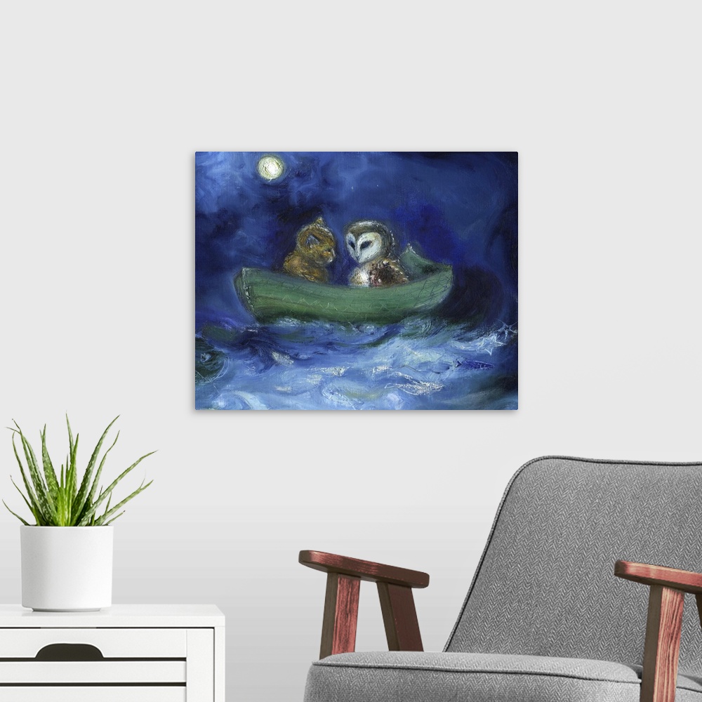 A modern room featuring Contemporary painting of an owl and a cat in a green row boat together.