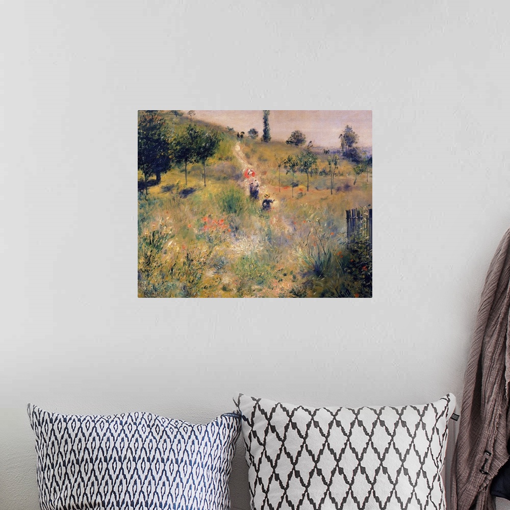 A bohemian room featuring Painting of people walking through a grassy meadow on a narrow dirt road.
