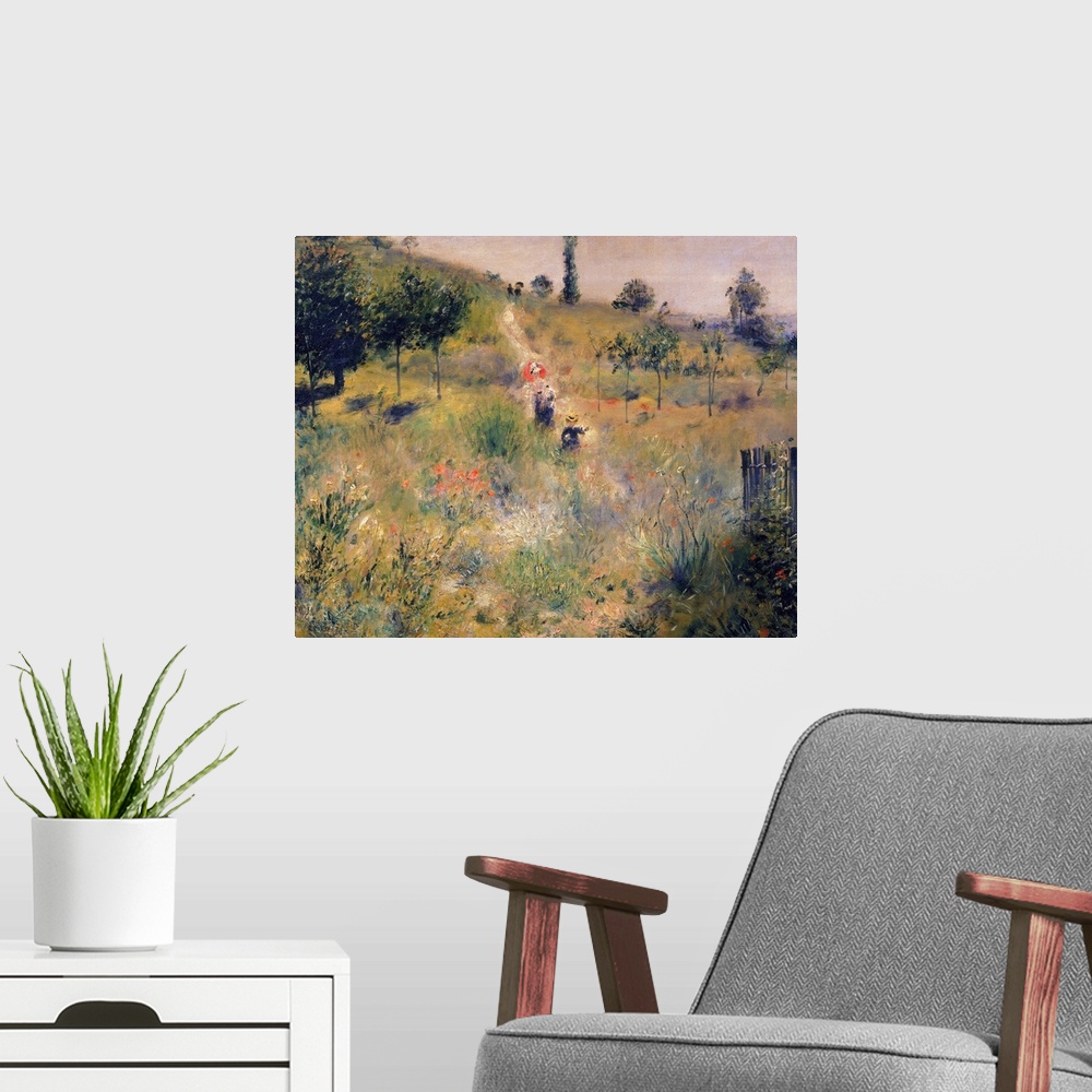 A modern room featuring Painting of people walking through a grassy meadow on a narrow dirt road.
