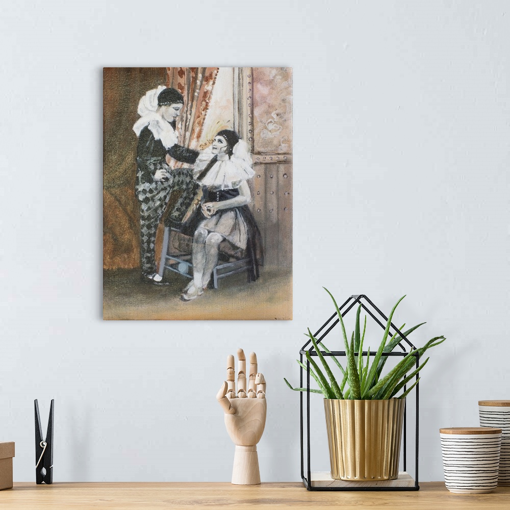 A bohemian room featuring Contemporary artwork of tow clown performers talking backstage.