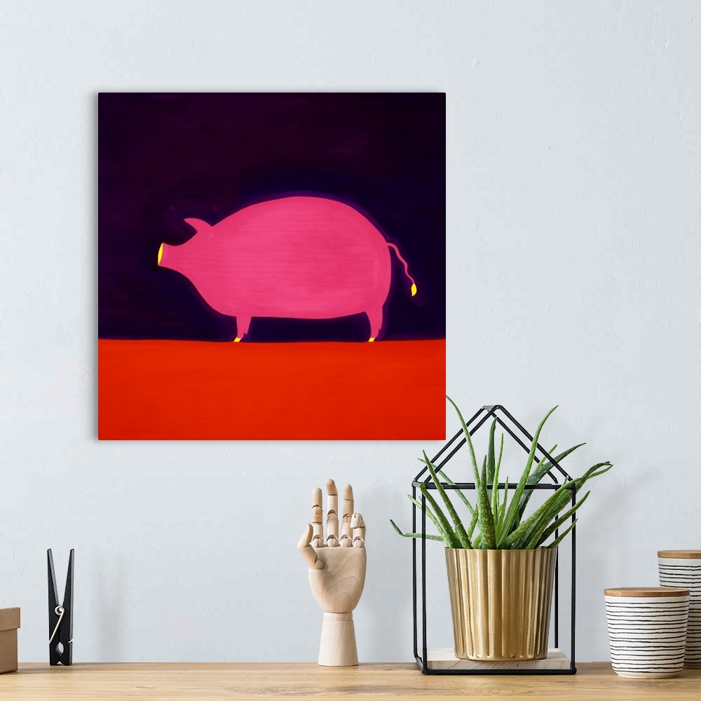 A bohemian room featuring Contemporary painting of a pink pig.