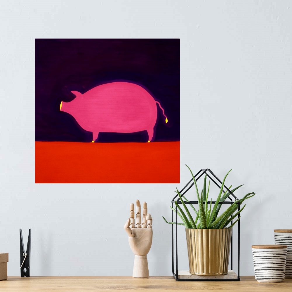 A bohemian room featuring Contemporary painting of a pink pig.
