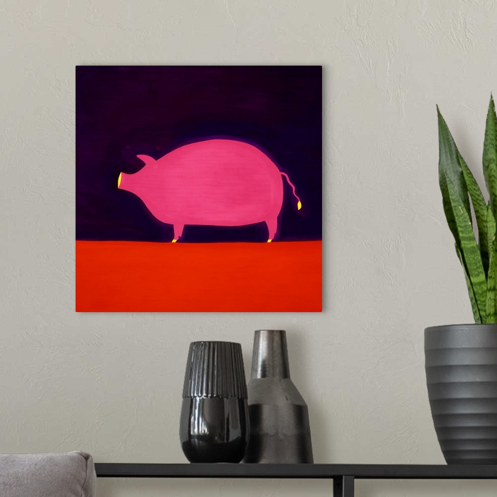 A modern room featuring Contemporary painting of a pink pig.
