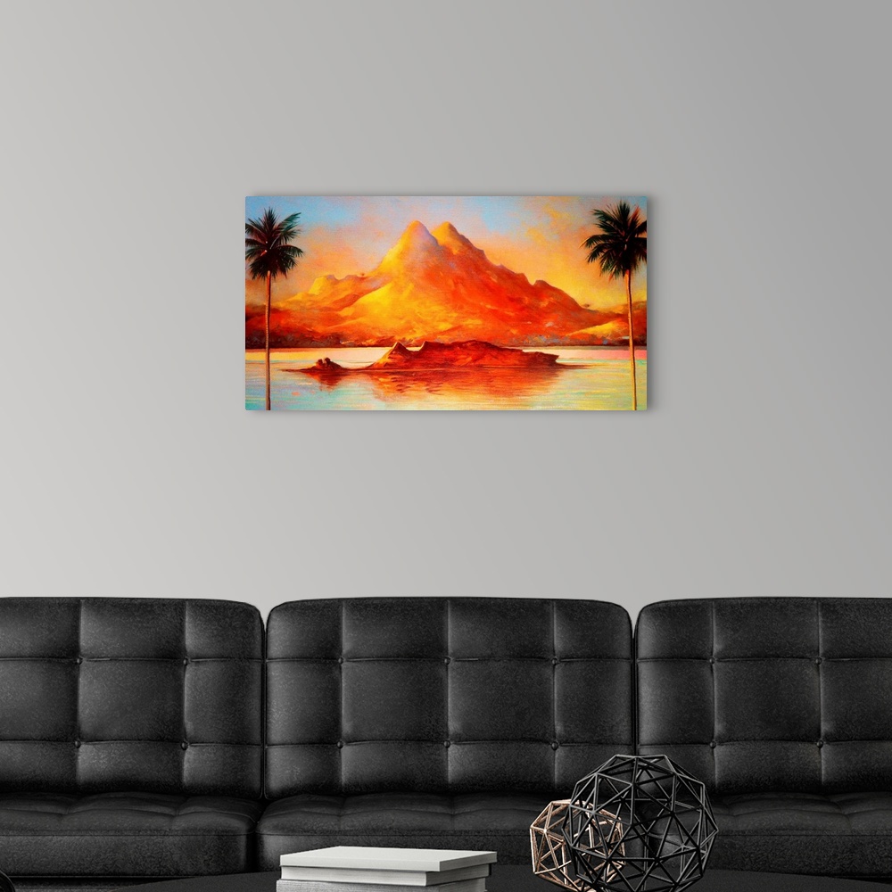 A modern room featuring Contemporary painting of a tropical mountainous beach at sunset.
