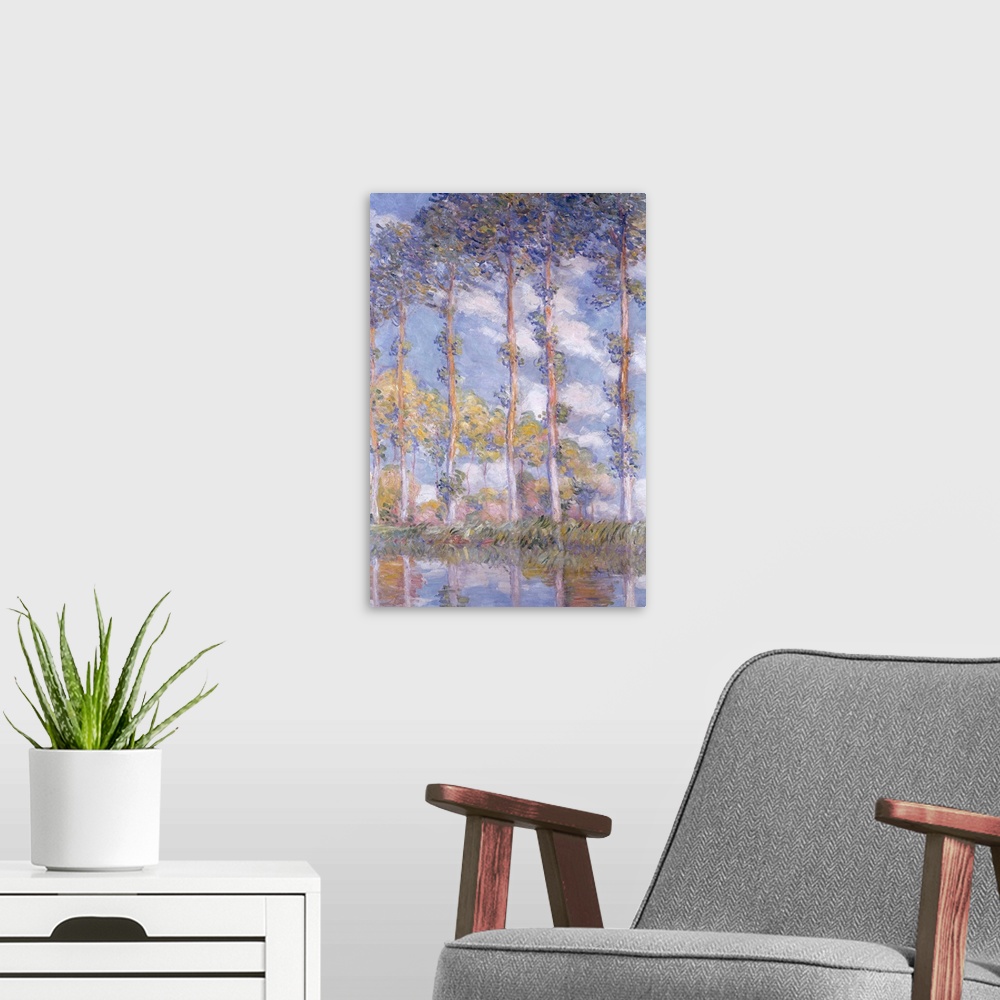 A modern room featuring Big, vertical classic painting of a line of tall Poplar trees in front of a blue sky, reflecting ...