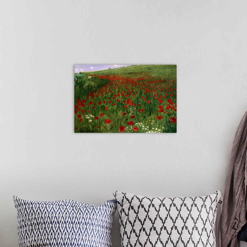 A bohemian room featuring Classic wall painting of a vast green field full of bright red poppy flowers.