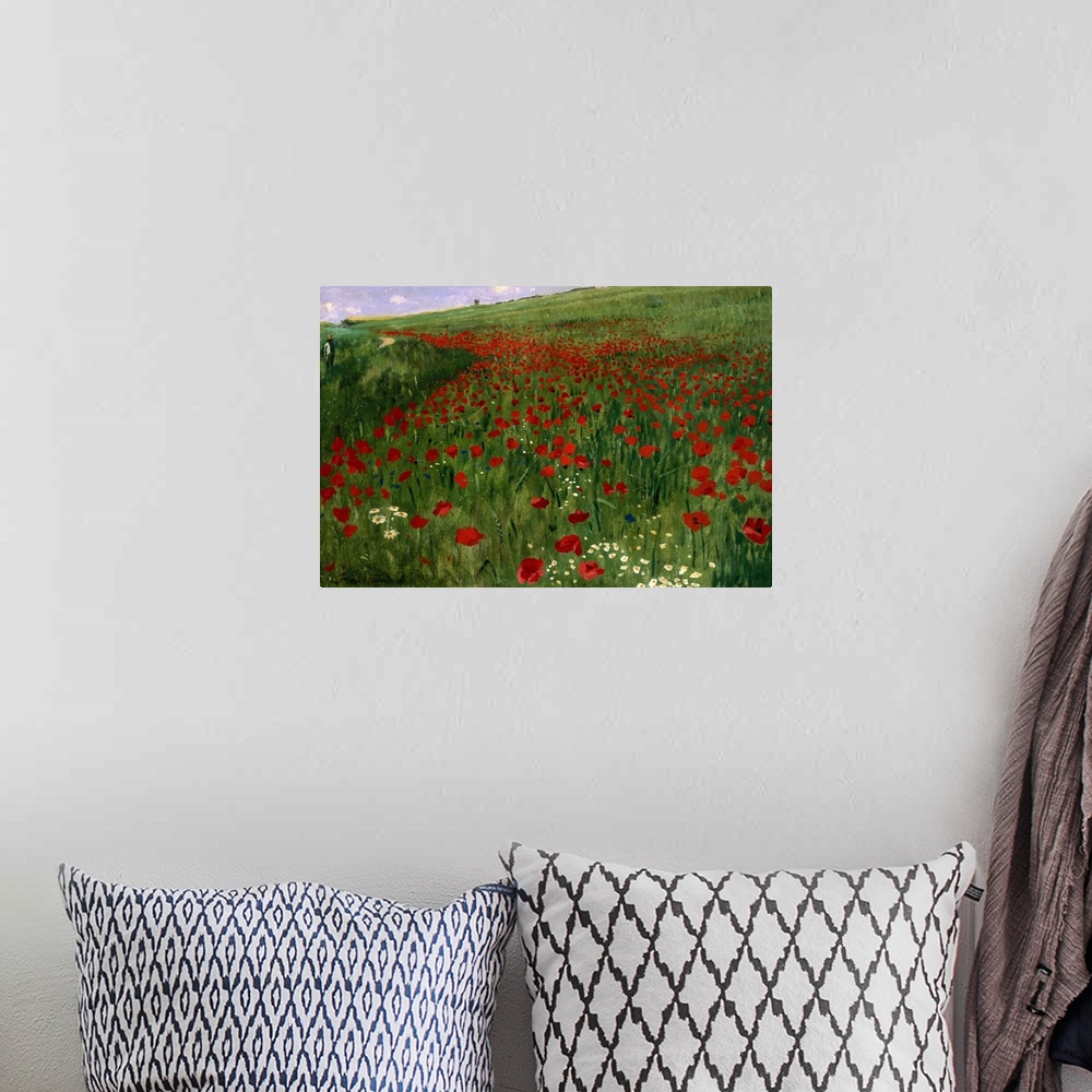 A bohemian room featuring Classic wall painting of a vast green field full of bright red poppy flowers.