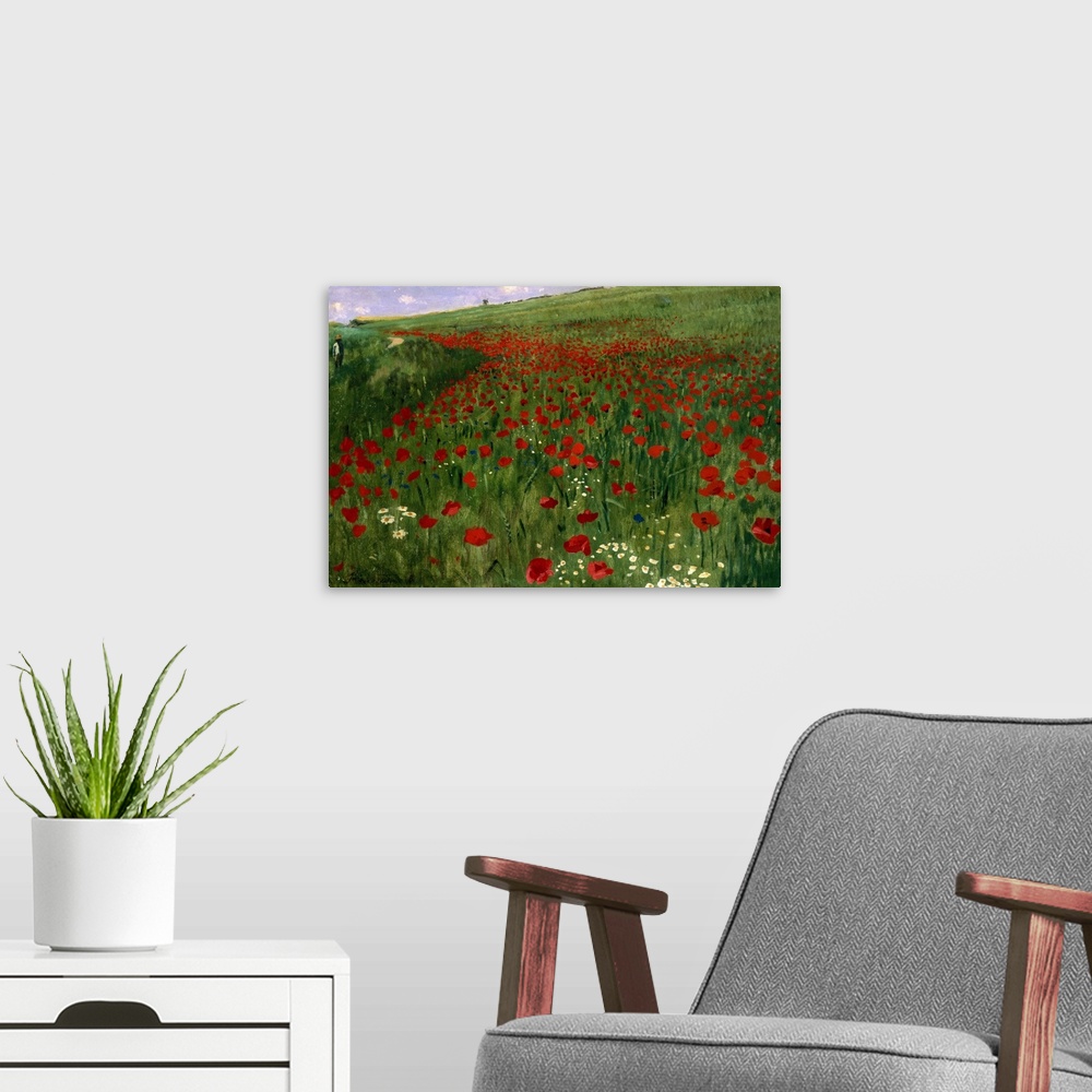 A modern room featuring Classic wall painting of a vast green field full of bright red poppy flowers.