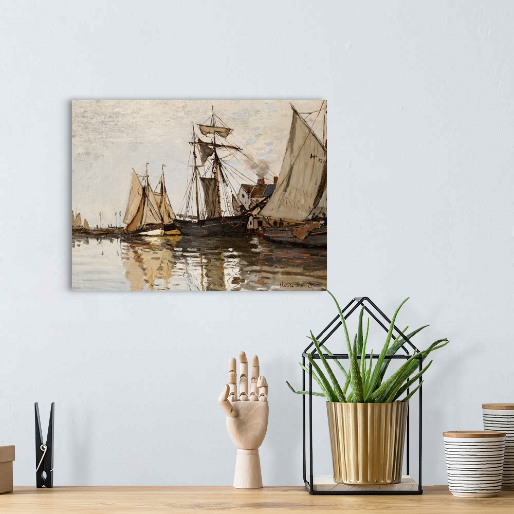 A bohemian room featuring Horizontal, classic painting of several boats in the Port of Honfleur, in calm waters on an overc...