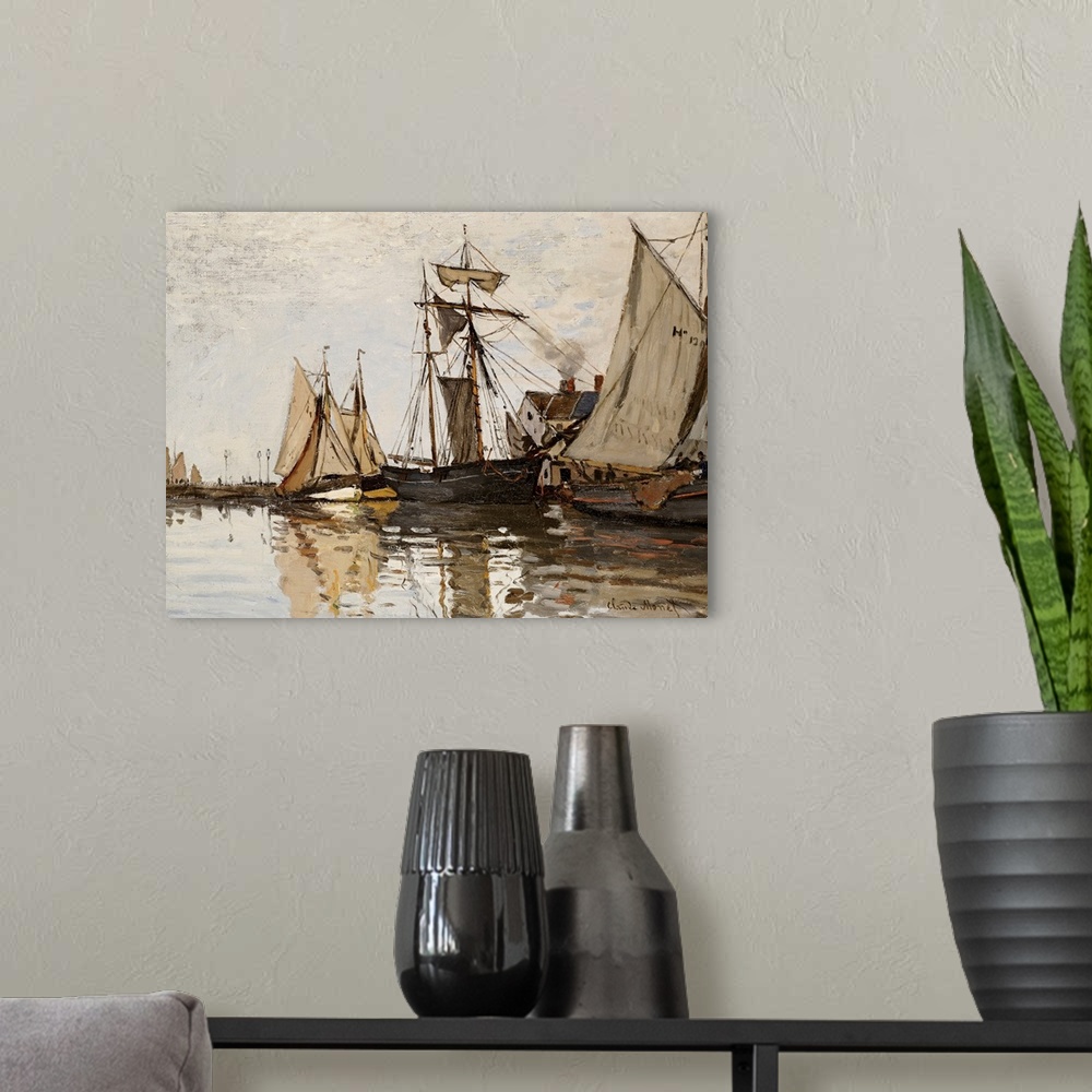 A modern room featuring Horizontal, classic painting of several boats in the Port of Honfleur, in calm waters on an overc...