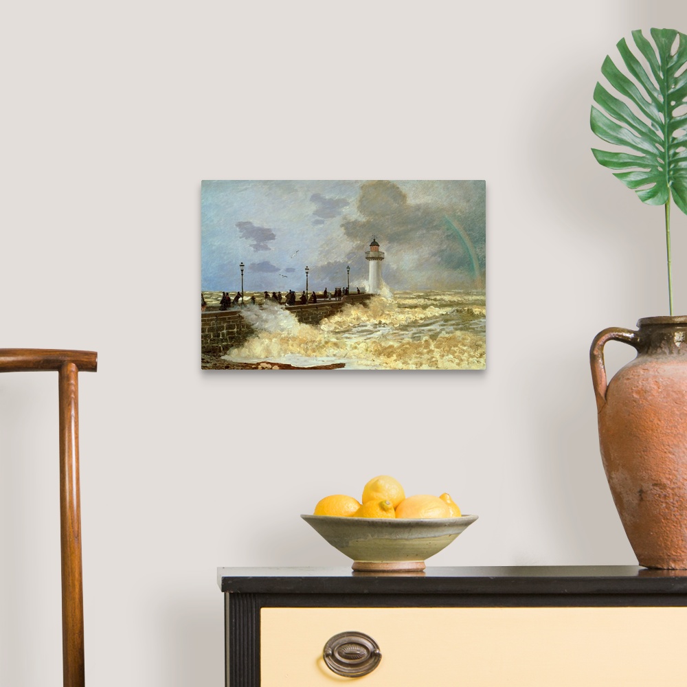 A traditional room featuring Classic painting of a concrete pier in the ocean with a lighthouse at the end and storm waves spl...