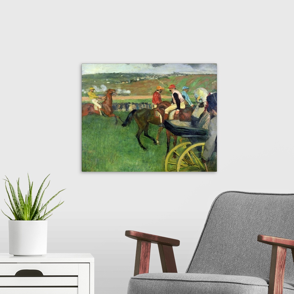 A modern room featuring The Race Course - Amateur Jockeys near a Carriage, c.1876-87 (originally oil on canvas)  by Degas...
