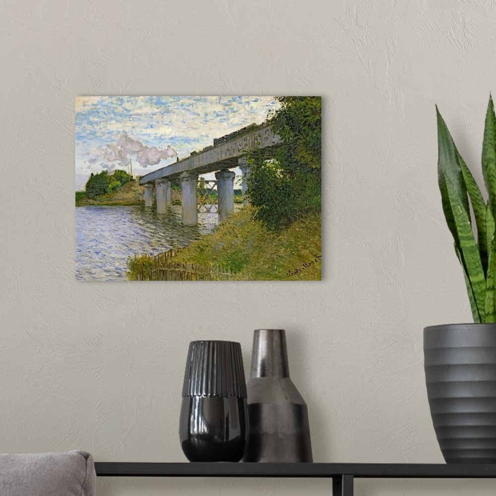 A modern room featuring XIR18891 The Railway Bridge at Argenteuil, 1874 (oil on canvas)  by Monet, Claude (1840-1926); 55...