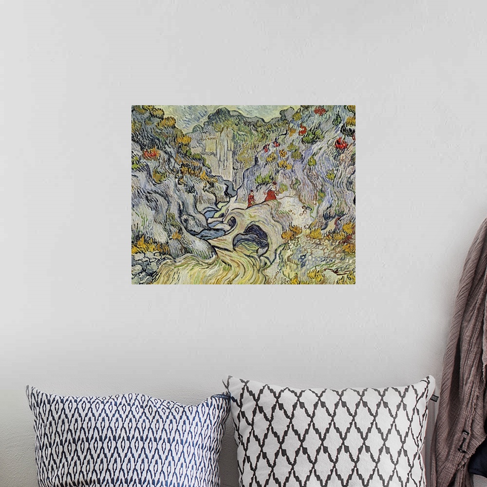 A bohemian room featuring Horizontal, large classic painting using swirling, thick brushstrokes of a ravine surrounded by g...