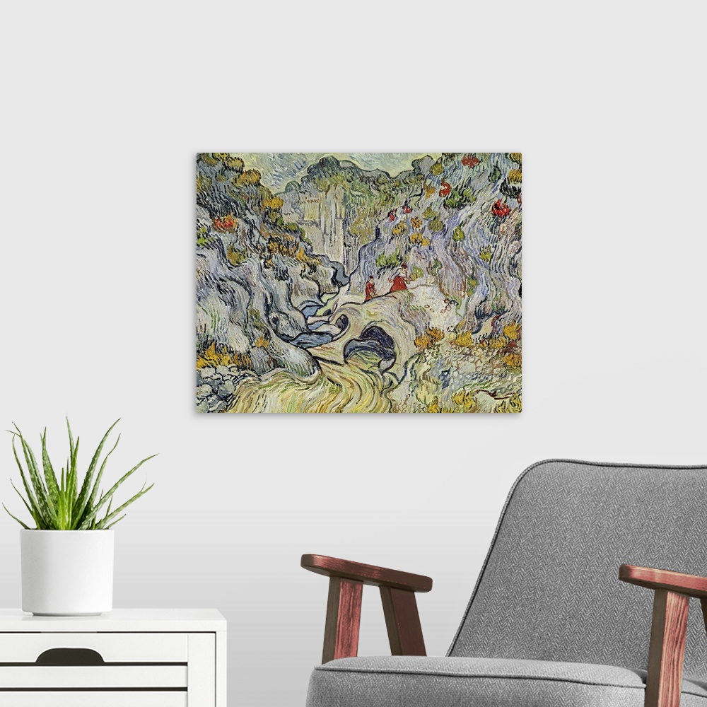 A modern room featuring Horizontal, large classic painting using swirling, thick brushstrokes of a ravine surrounded by g...