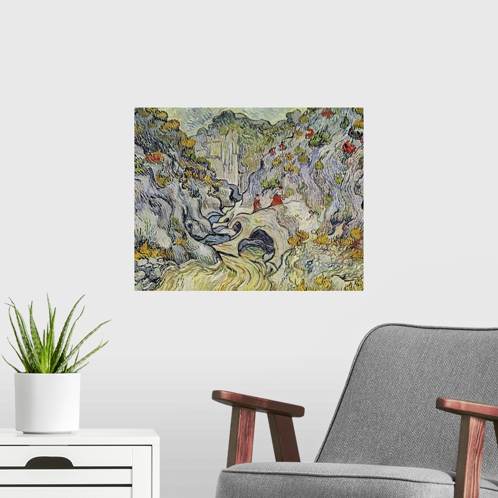 A modern room featuring Horizontal, large classic painting using swirling, thick brushstrokes of a ravine surrounded by g...